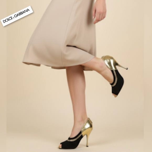 Dolce & Gabbana Shoes - NWT Dolce & Gabbana Gold/Black Leather and Suede Peep Toe Pump Sz 36. 5 (US 6.5)